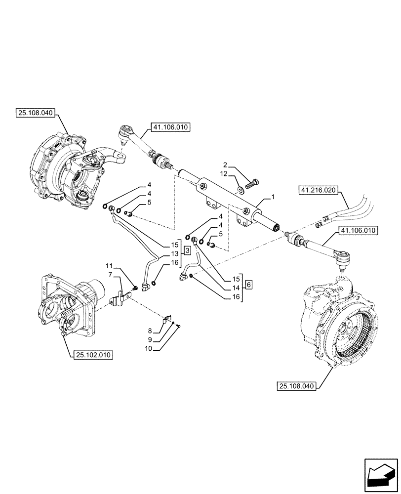 Схема запчастей Case IH FARMALL 120U - (41.216.010) - VAR - 390399 - 4WD FRONT AXLE, STEERING CYLINDER (41) - STEERING