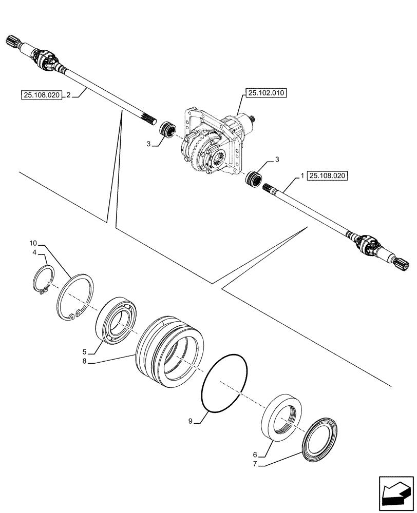 Схема запчастей Case IH FARMALL 120U - (25.108.010) - VAR - 390399 - 4WD FRONT AXLE, HALF SHAFT (25) - FRONT AXLE SYSTEM