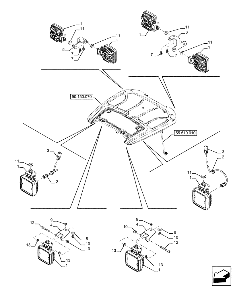 Схема запчастей Case IH FARMALL 120U - (55.404.140) - VAR - 335132, 335133, 337131 - WORKING LIGHT (55) - ELECTRICAL SYSTEMS