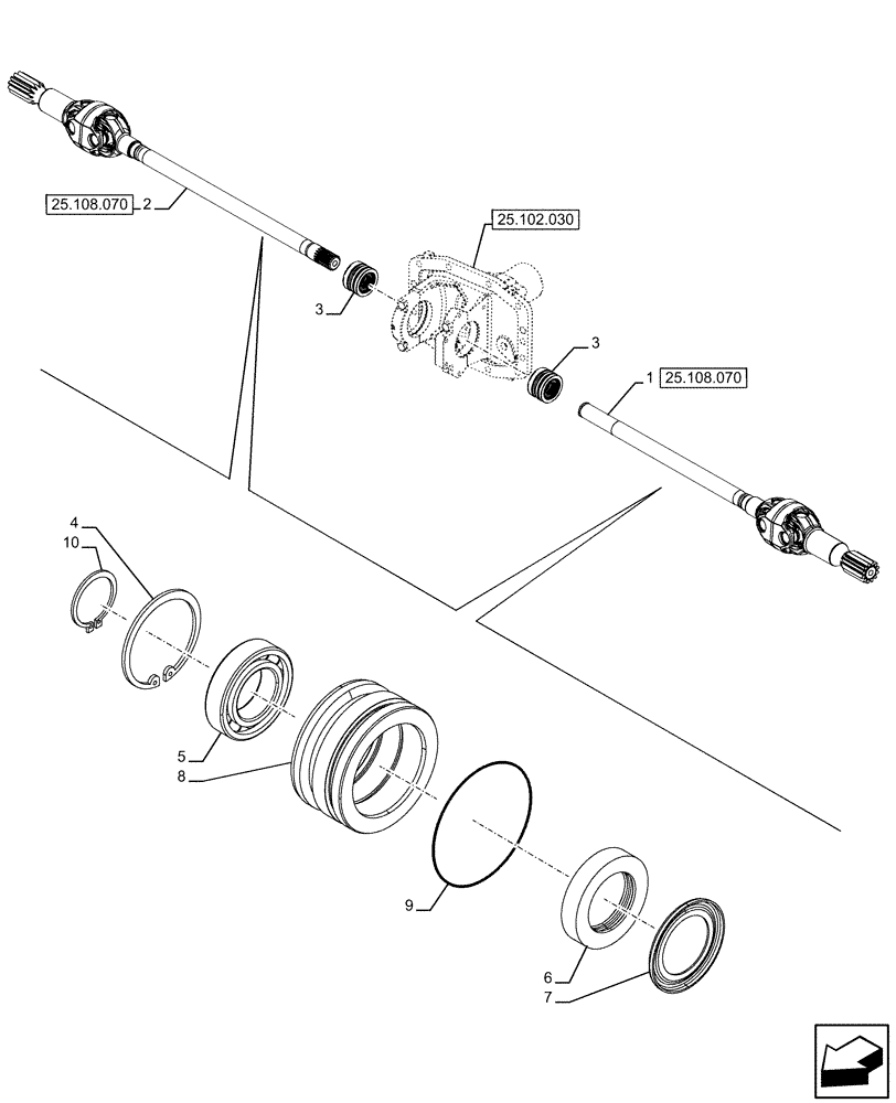 Схема запчастей Case IH FARMALL 110U - (25.108.060) - VAR - 330308 - 4WD FRONT AXLE, W/ ELECTROHYDRAULIC DIFFERENTIAL LOCK, HALF SHAFT (25) - FRONT AXLE SYSTEM