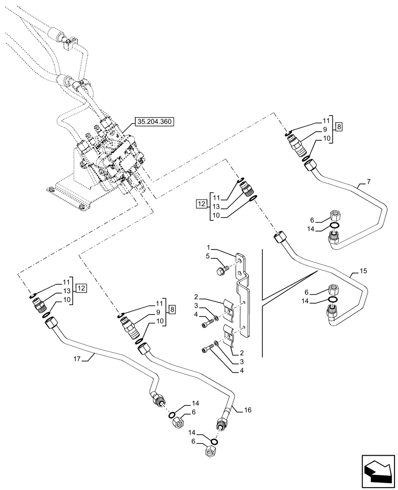 Схема запчастей Case IH FARMALL 120U - (35.204.520) - VAR - 342003, 342004, 744713, 758980 - PIPE, FOR LOADER, NA (35) - HYDRAULIC SYSTEMS