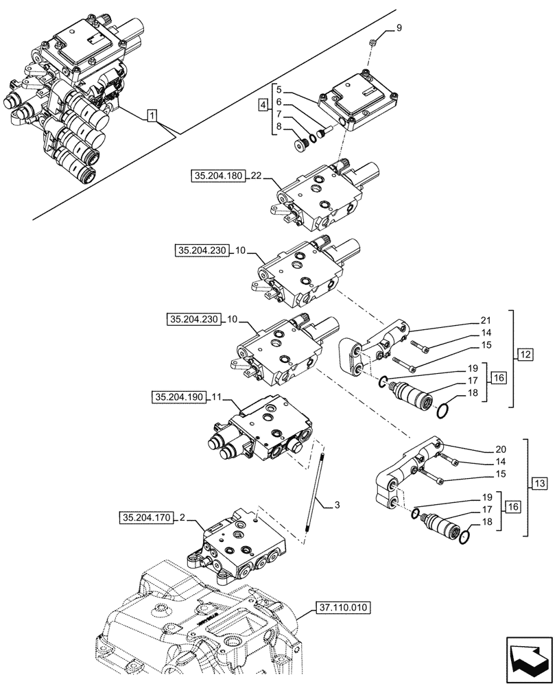 Схема запчастей Case IH FARMALL 120U - (35.204.280) - VAR - 758295, 332844 - 3 REMOTE CONTROL VALVES, REAR, W/ DIVERTER, COMPONENTS (35) - HYDRAULIC SYSTEMS