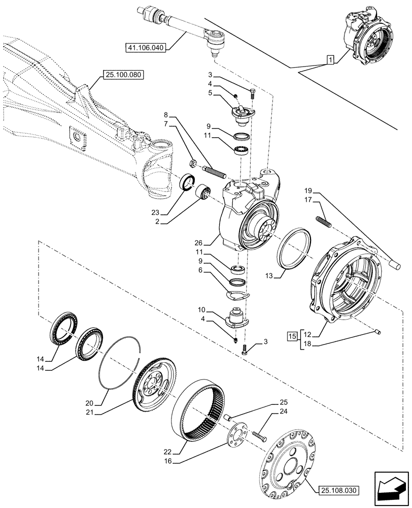 Схема запчастей Case IH FARMALL 110U - (25.108.150) - VAR - 337707 - ADVANCED, 4WD, SUSPENDED FRONT AXLE, W/O BRAKES, WHEEL HUB & STEERING KNUCKLE (25) - FRONT AXLE SYSTEM