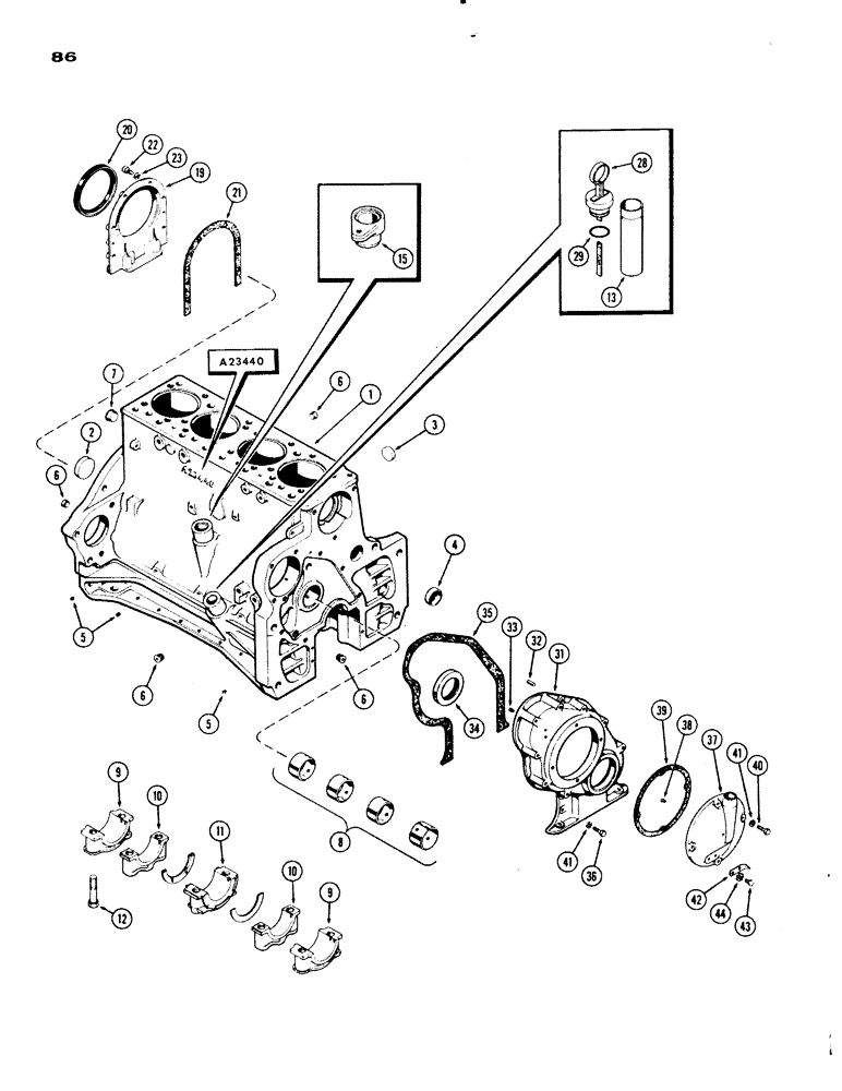 Схема запчастей Case IH 730 SERIES - (086) - CYLINDER BLOCK ASSEMBLY, MODEL 730, 251 SPARK IGNITION ENGINE, CASTING NO. A23440 AND A34930 (02) - ENGINE