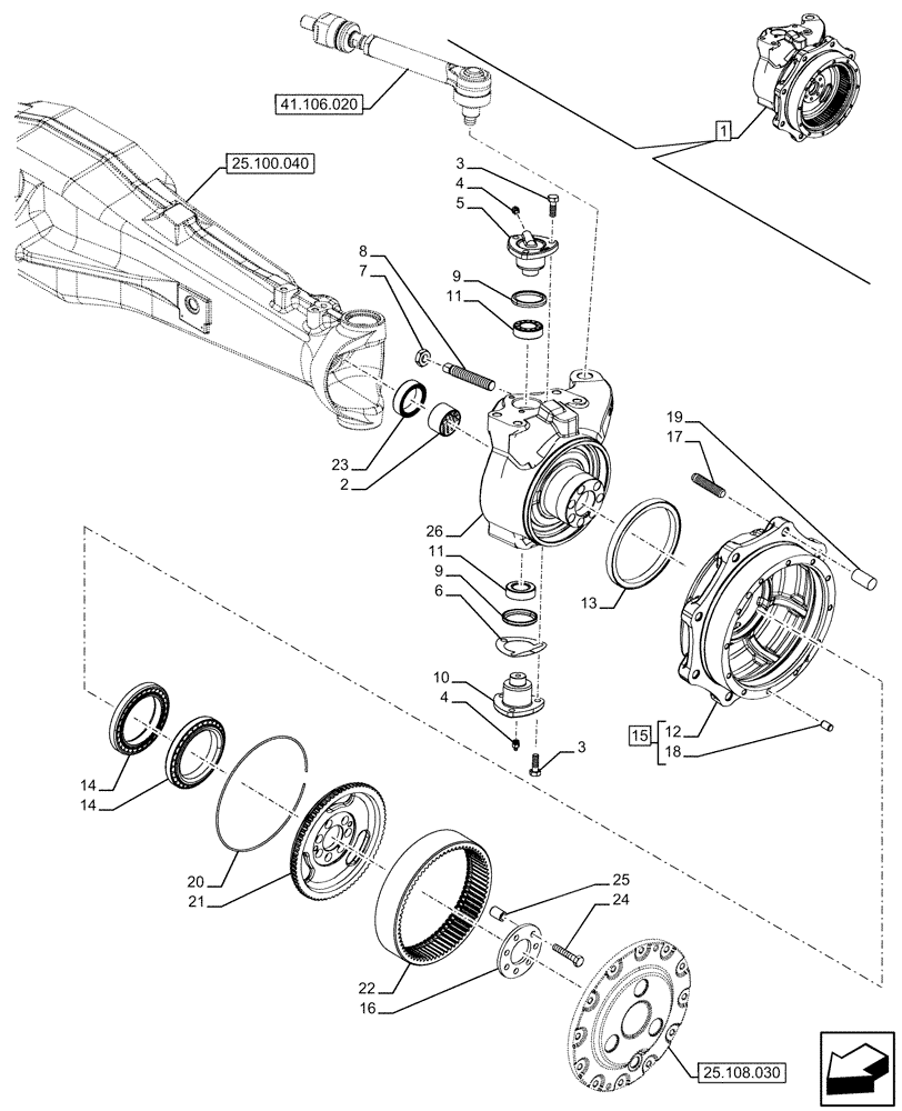 Схема запчастей Case IH FARMALL 120U - (25.108.080) - VAR - 330308 - 4WD FRONT AXLE, W/ ELECTROHYDRAULIC DIFFERENTIAL LOCK, WHEEL HUB (25) - FRONT AXLE SYSTEM