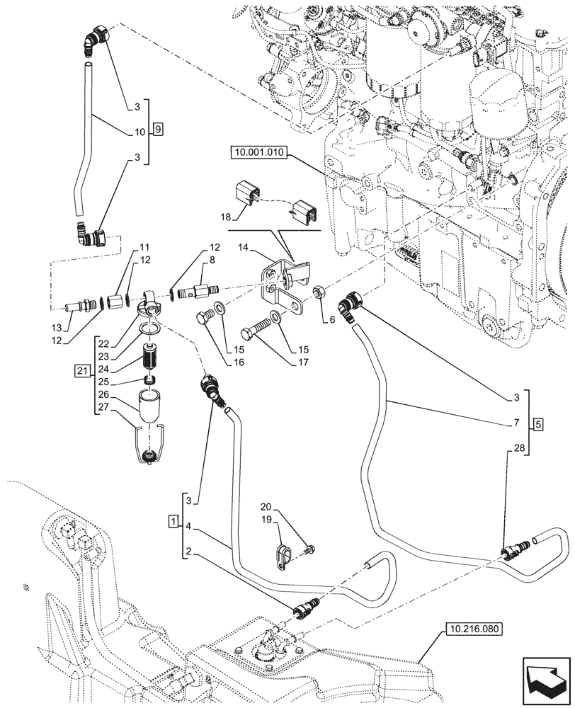 Схема запчастей Case IH FARMALL 90V - (10.216.090) - VAR - 743501, 759004 - FUEL LINE, CAB (10) - ENGINE