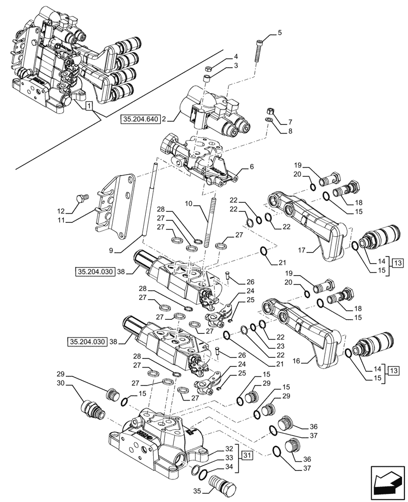 Схема запчастей Case IH FARMALL 110U - (35.204.020) - VAR - 390183 - 2 REMOTE CONTROL VALVES, REAR, COMPONENTS (35) - HYDRAULIC SYSTEMS