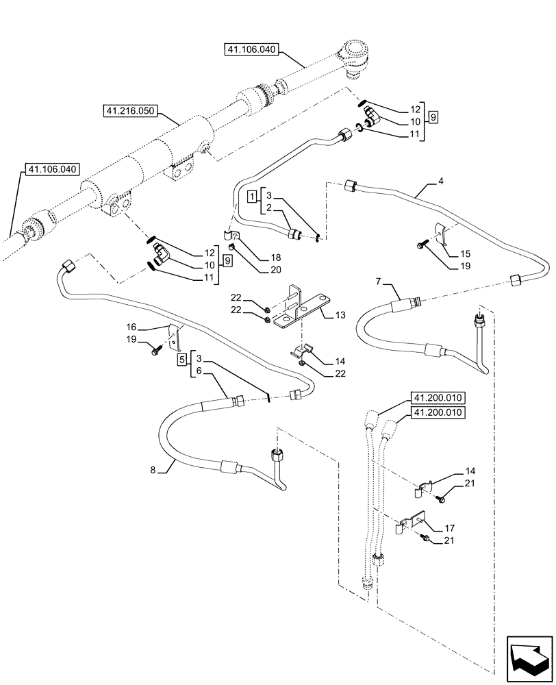 Схема запчастей Case IH FARMALL 120U - (41.216.060) - VAR - 337707, 758604 - SUSPENDED FRONT AXLE, HYDRAULIC STEERING, LINE, STEERING CYLINDER (41) - STEERING