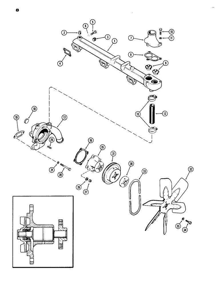 Схема запчастей Case IH 1070 - (008) - WATER PUMP AND ATTACHING PARTS, (451B) DIESEL ENGINE (02) - ENGINE