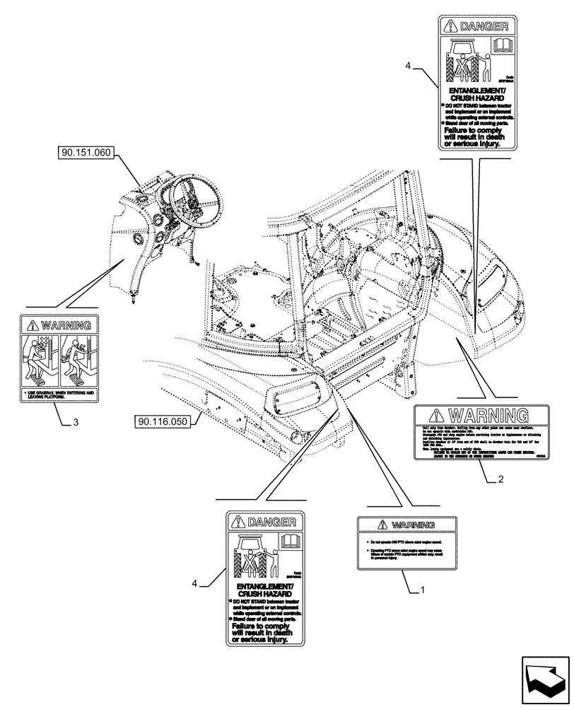 Схема запчастей Case IH FARMALL 120U - (90.108.060) - VAR - 330500, 330501, 330502, 330503, 330504, 330505, 330506, 330507, 330508, 330509, 330510, 330511, 330512, 330514, 330517, 330576, 330843, 335660, 390500 - WARNING DECAL, NA (90) - PLATFORM, CAB, BO