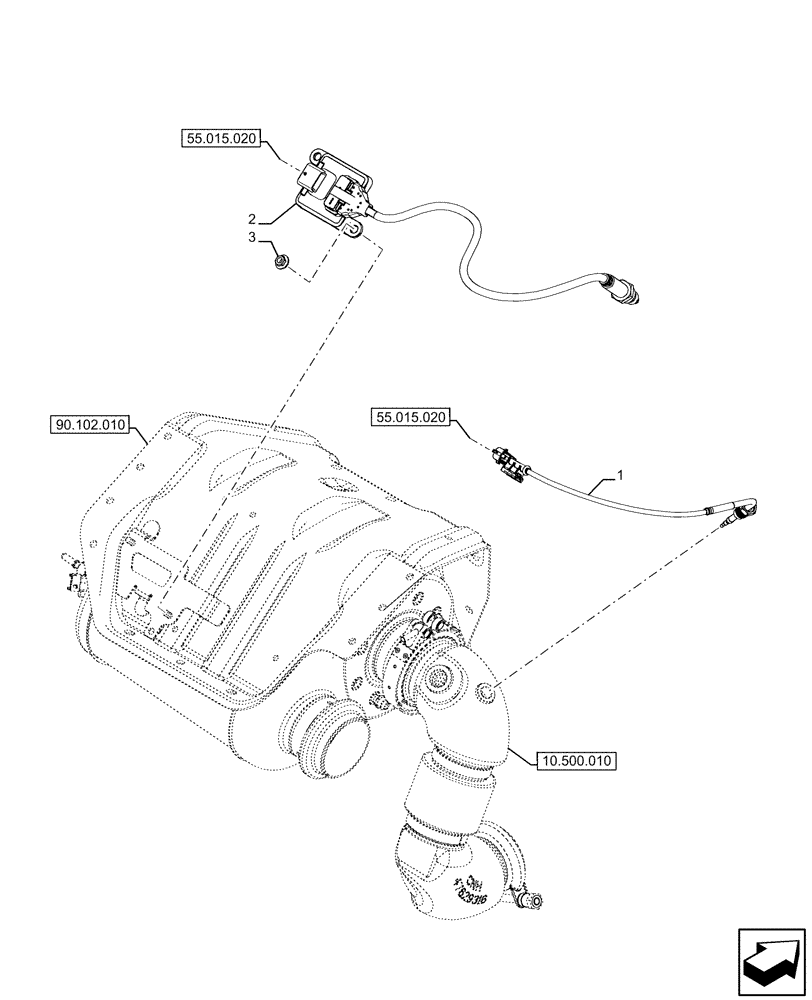 Схема запчастей Case IH FARMALL 120U - (55.988.060) - VAR - 334773, 391263 - DEF/ADBLUE™, MUFFLER, SENSOR (55) - ELECTRICAL SYSTEMS