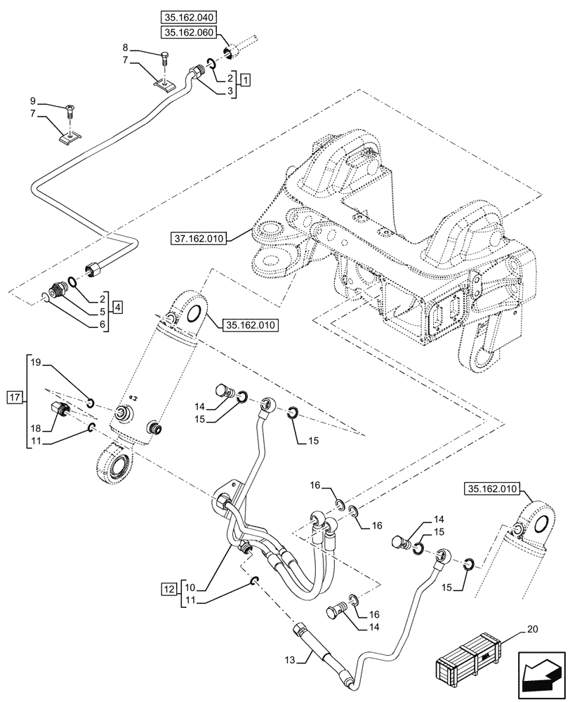 Схема запчастей Case IH FARMALL 120U - (35.162.030) - VAR - 744558, 744942, 744943, 758288, 758578 - FRONT 3 POINT HITCH, LINE, LOWER (35) - HYDRAULIC SYSTEMS