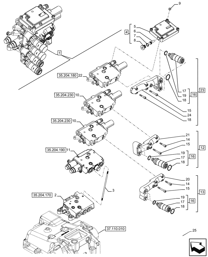 Схема запчастей Case IH FARMALL 120U - (35.204.250) - VAR - 758294, 331844 - 3 REMOTE CONTROL VALVES, REAR, COMPONENTS (35) - HYDRAULIC SYSTEMS