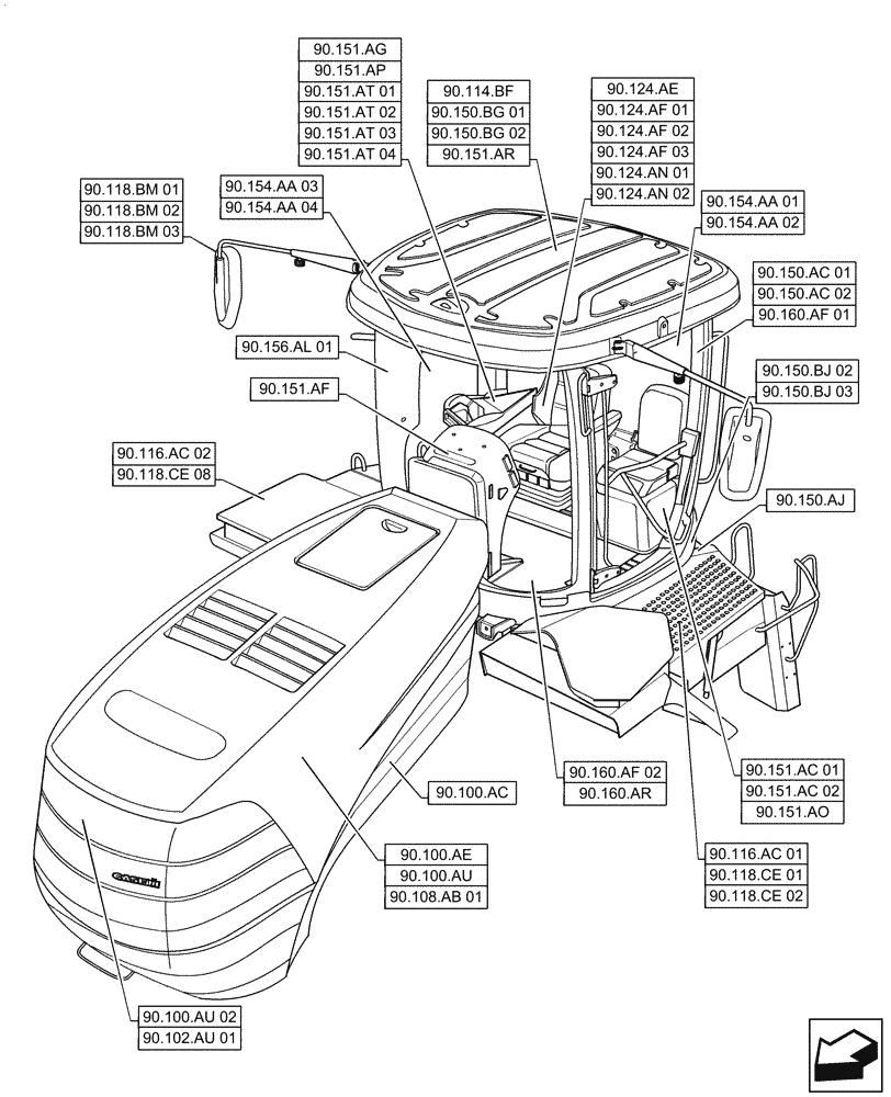 Схема запчастей Case IH QUADTRAC 470 - (90.000.00) - SECTION INDEX - PLATFORM, CAB, BODYWORK & DECALS (90) - PLATFORM, CAB, BODYWORK AND DECALS