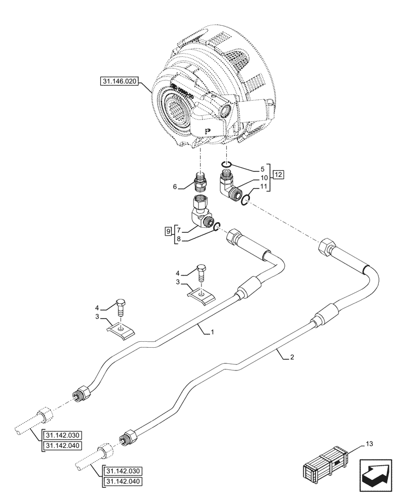 Схема запчастей Case IH FARMALL 120U - (31.142.020) - VAR - 758288, 744943, 758578 - FRONT PTO, HYDRAULIC LINE (31) - IMPLEMENT POWER TAKE OFF