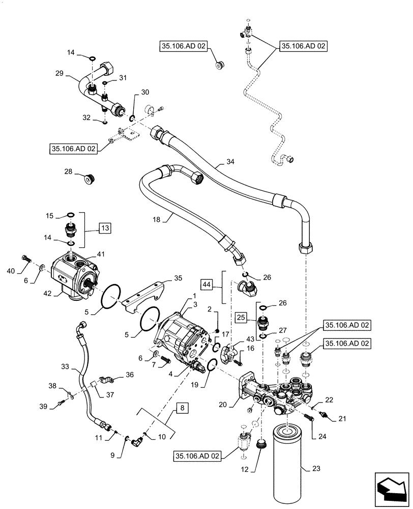 Схема запчастей Case IH MAGNUM 2654 - (35.106.AD[03]) - VAR- 420301, 420302 - POWERSHIFT - HYDRAULIC SYSTEM, PISTON PUMP & FILTER, STANDARD & HIGH CAPACITY - ASN ZERF09032 (35) - HYDRAULIC SYSTEMS