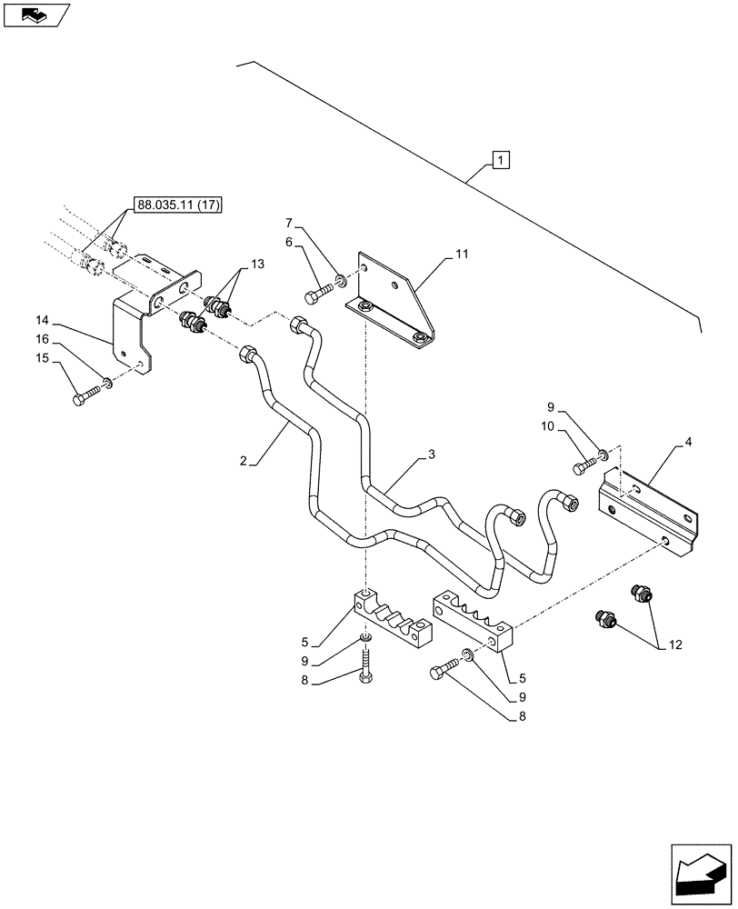 Схема запчастей Case IH PUMA 185 - (88.035.11[16]) - DIA KIT - FRONT HPL FOR SUSPENDED AND STD AXLES, LESS PTO, LESS COUPLER - PIPES AND BRACKET (88) - ACCESSORIES