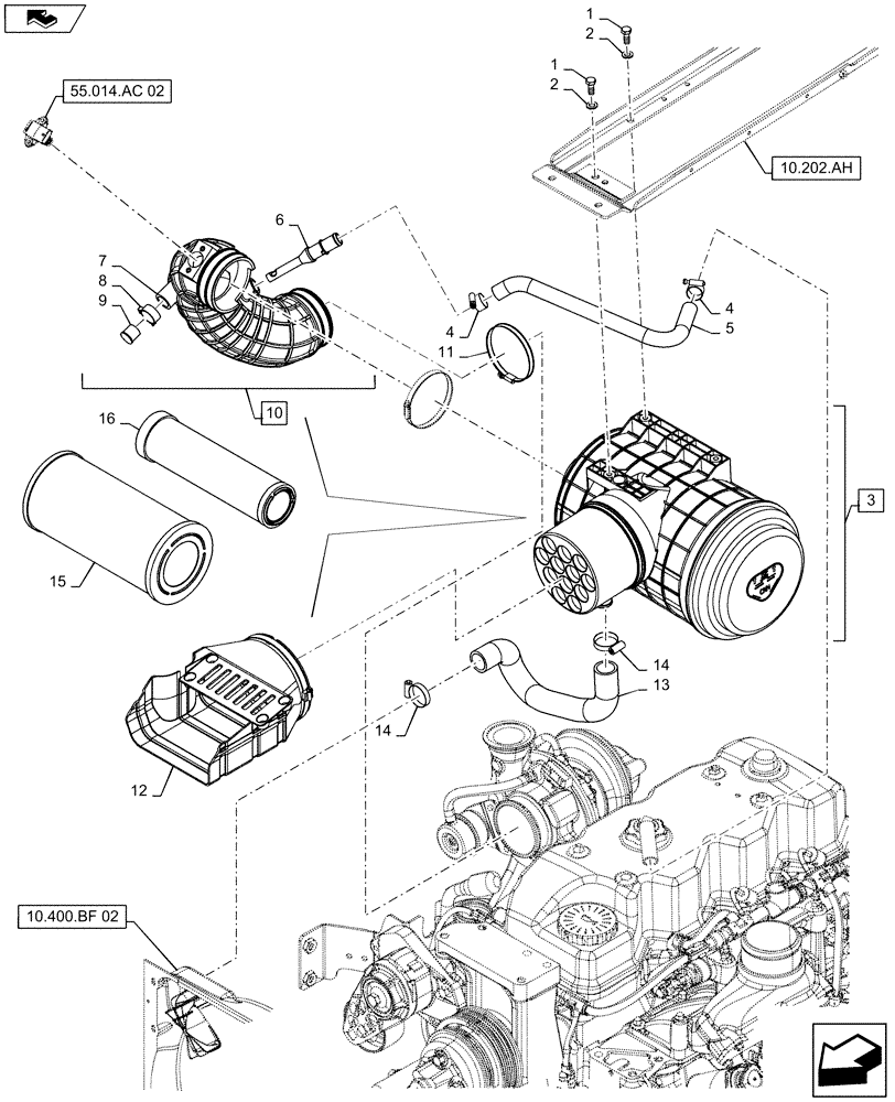 Схема запчастей Case IH MAXXUM 140 - (10.202.AB[04]) - VAR - 330189, 332189, 743763 - AIR FILTER WITH PRECLEANER "SPIN TUBE" - AIR CLEANER & INTAKE PARTS (10) - ENGINE