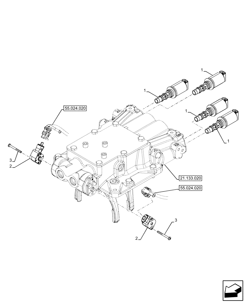 Схема запчастей Case IH FARMALL 110U - (55.024.060) - VAR - 334114, 334117, 334775, 334779, 334780, 390430 - TRANSMISSION, SEMI-POWERSHIFT, EXTERNAL CONTROL, VALVE, SOLENOID (55) - ELECTRICAL SYSTEMS