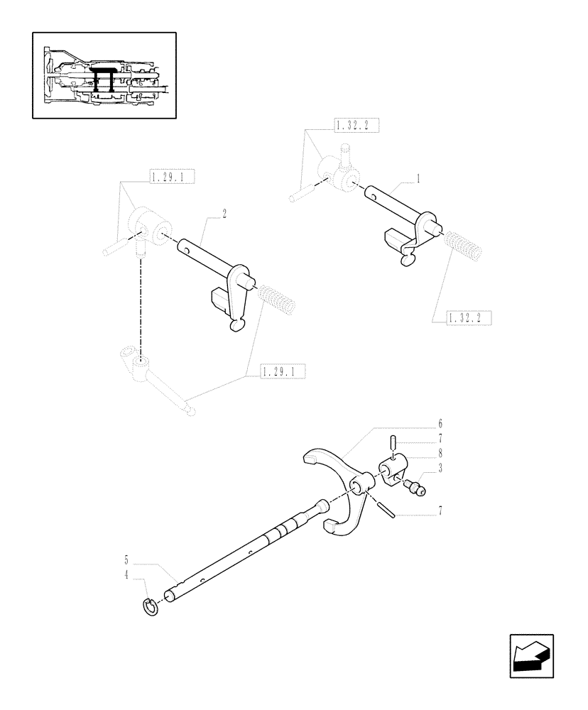 Схема запчастей Case IH JX1060C - (1.29.1/05[02]) - (VAR.275-275/1) HI-LO TRANSMISSION, INTERNAL SHIFTING CONTROLS - ROD AND FORK (03) - TRANSMISSION