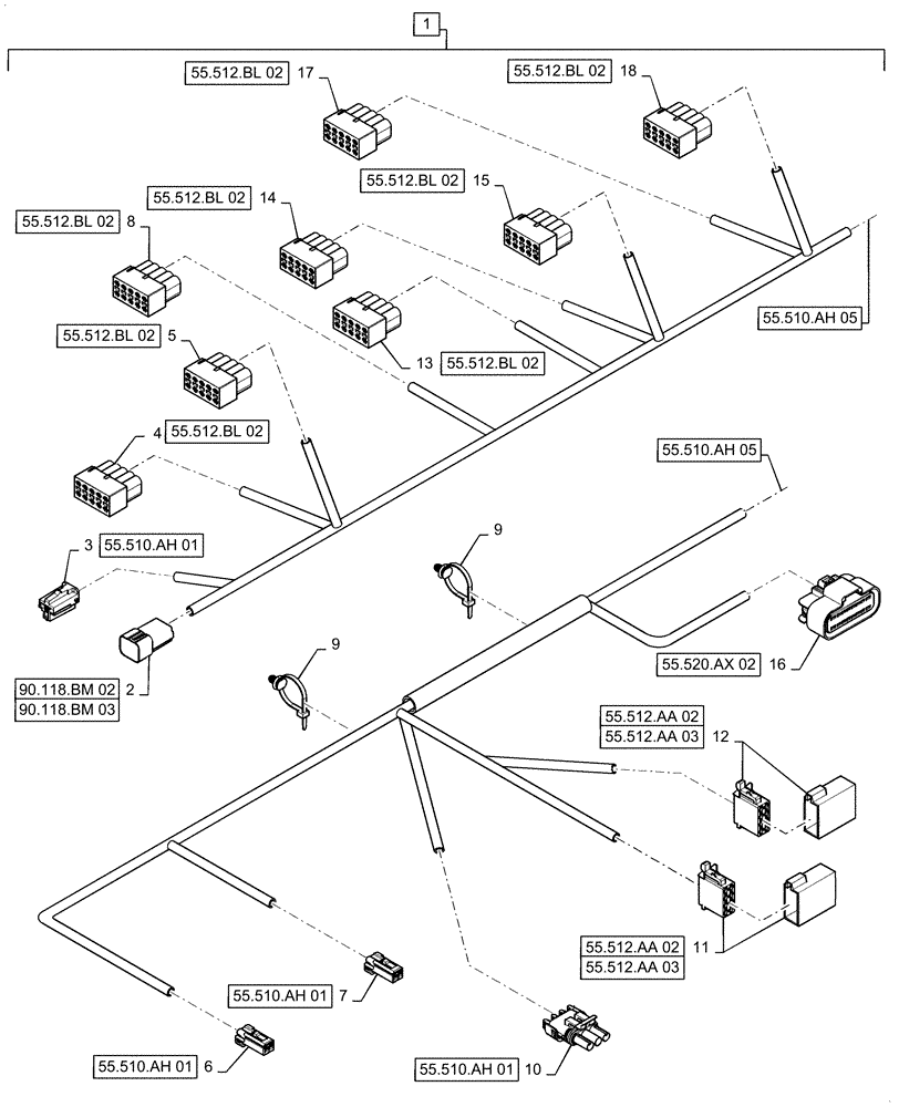 Схема запчастей Case IH 7140 - (55.510.AH[04]) - WIRE HARNESS, LOWER ROOF (55) - ELECTRICAL SYSTEMS