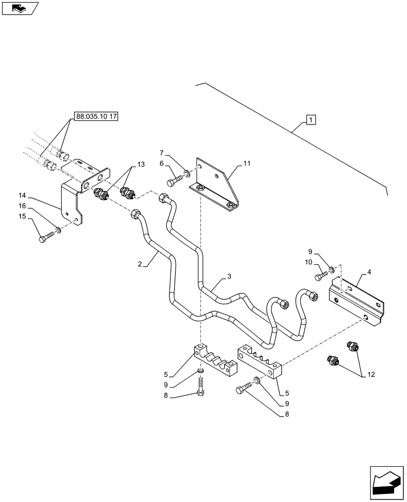 Схема запчастей Case IH PUMA 170 - (88.035.10[16]) - DIA KIT - FRONT HPL FOR SUSPENDED AND STD AXLES, LESS PTO, LESS COUPLER - PIPES AND BRACKET (88) - ACCESSORIES