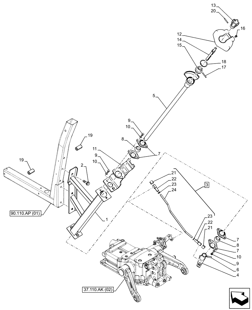 Схема запчастей Case IH FARMALL 110C - (37.108.AD[02]) - VAR - 332035 - HYDRAULIC LIFT, CONTROL LEVER, W/O CAB (37) - HITCHES, DRAWBARS & IMPLEMENT COUPLINGS