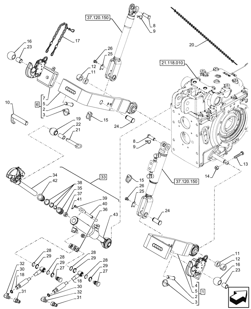 Схема запчастей Case IH FARMALL 90V - (37.120.110) - VAR - 341846, 341847, 743523 - REAR, 3 POINT HITCH, W/ HYDRAULIC TOP LINK, LOWER LINK (37) - HITCHES, DRAWBARS & IMPLEMENT COUPLINGS