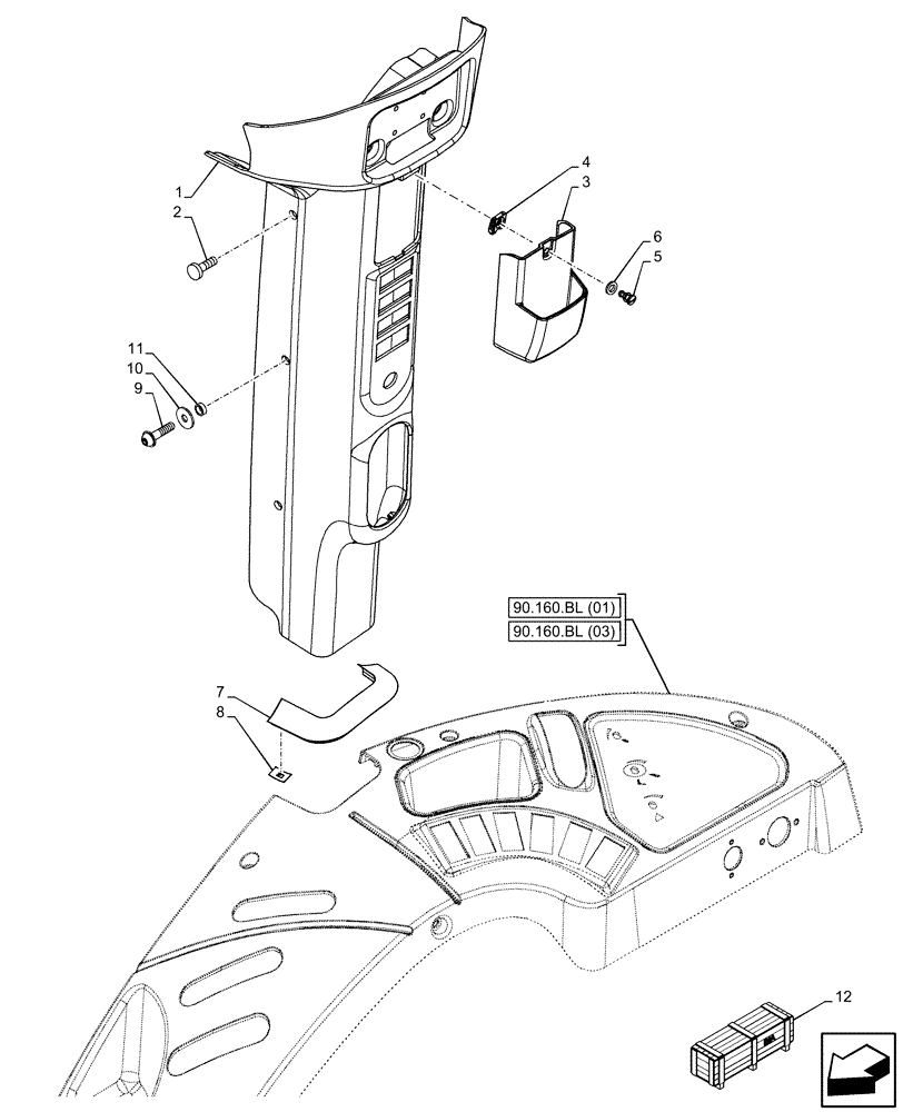 Схема запчастей Case IH FARMALL 110C - (90.160.BI[02]) - VAR - 340326, 340336, 340346, 340356 - CAB, TRIM, PILLAR, RH (90) - PLATFORM, CAB, BODYWORK AND DECALS