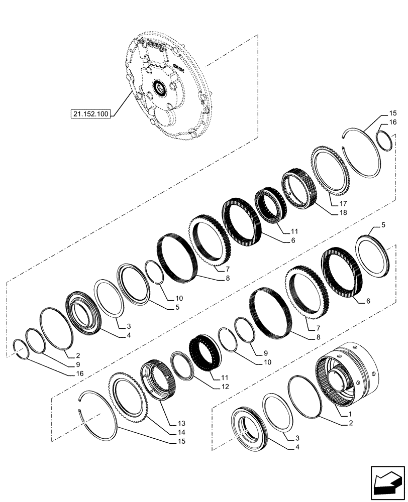 Схема запчастей Case IH FARMALL 110U - (21.152.110) - VAR - 334114, 334117, 334775, 334779, 334780, 390430 - TRANSMISSION, SEMI-POWERSHIFT, INTERNAL, COMPONENTS, GEAR, HI-LO (21) - TRANSMISSION