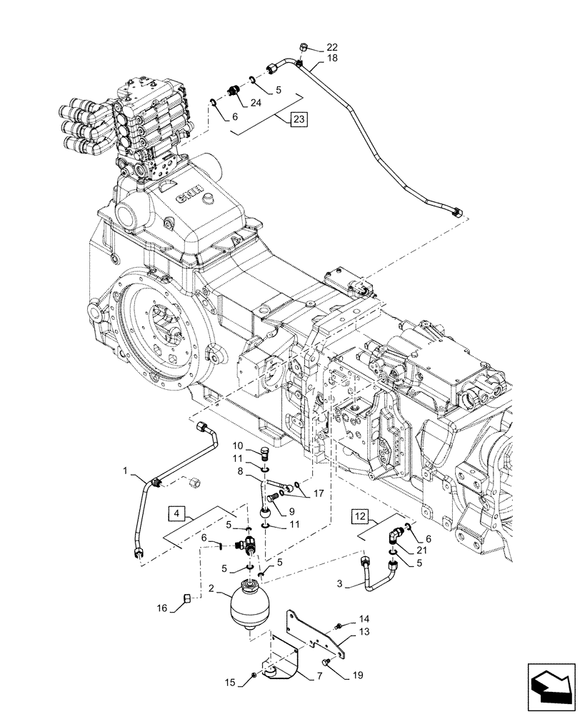 Схема запчастей Case IH MAXXUM 120 - (21.103.AA[01]) - STD + VAR - 331145, 331146 - HYDRAULIC PUMP 113 L/MIN CCLS - SPS - LUBRICATION PIPES AND ACCUMULATOR (21) - TRANSMISSION