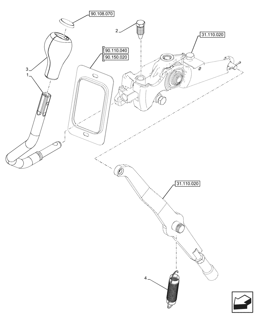 Схема запчастей Case IH FARMALL 110N - (33.110.030) - VAR - 743698 - PARKING LOCK, LEVER, HI-LO (33) - BRAKES & CONTROLS