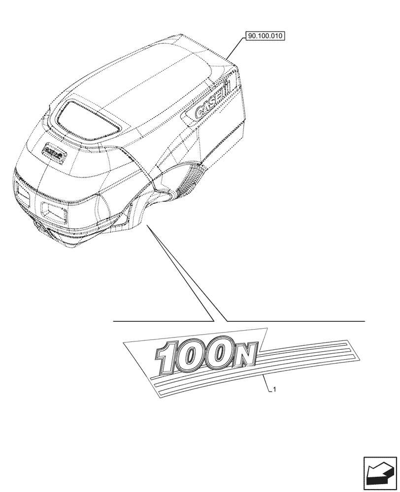 Схема запчастей Case IH FARMALL 100N - (90.108.780) - VAR - 341389, 342834 - MODEL IDENTIFICATION DECAL, 100V (90) - PLATFORM, CAB, BODYWORK AND DECALS