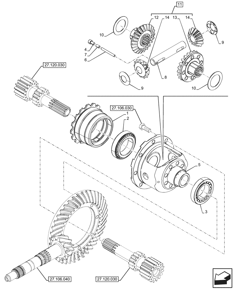 Схема запчастей Case IH FARMALL 110V - (27.106.060) - VAR - 743507, 759008 - REAR AXLE, DIFFERENTIAL, W/ 20" TYRES (40KM/H) (27) - REAR AXLE SYSTEM