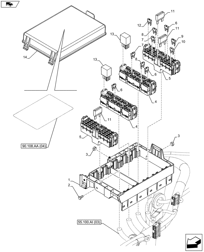 Схема запчастей Case IH FARMALL 115U - (55.100.DO[02]) - STD + VAR - 390754 - FUSE BOX, FUSE HOLDER, RELAY, CAB, NA - END YR 10-MAR-2013 (55) - ELECTRICAL SYSTEMS