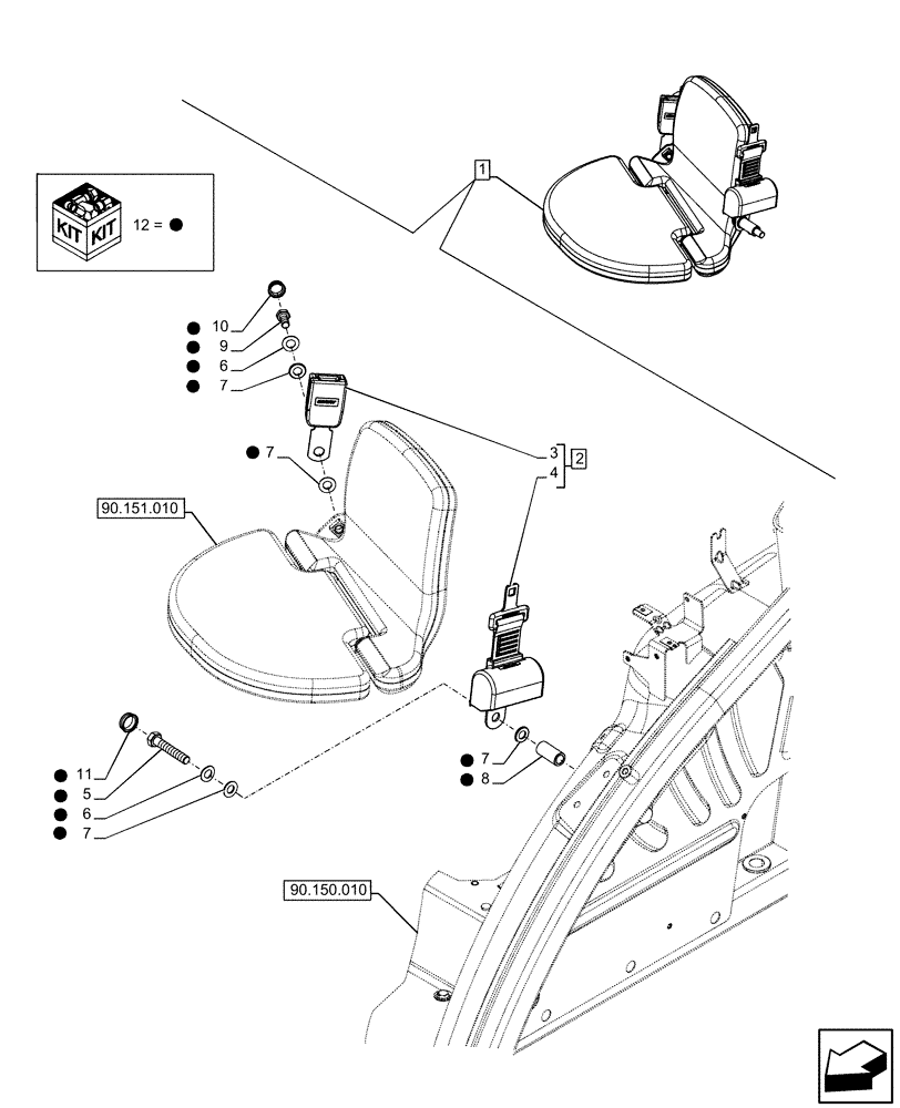 Схема запчастей Case IH FARMALL 120U - (90.151.030) - VAR - 331444, 332147, 336730, 339434 - PASSENGER SEAT, BELT (90) - PLATFORM, CAB, BODYWORK AND DECALS