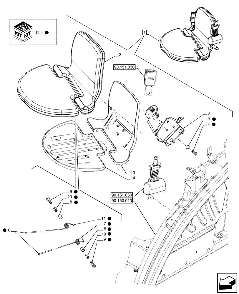Схема запчастей Case IH FARMALL 120U - (90.151.020) - VAR - 331444, 332147, 336730, 339434 - PASSENGER SEAT (90) - PLATFORM, CAB, BODYWORK AND DECALS