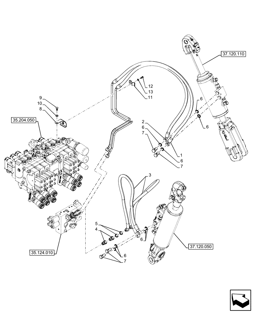 Схема запчастей Case IH OPTUM 270 CVT - (35.124.060) - VAR - 758762, 758766 - REAR, 3 POINT HITCH, CONTROL VALVE, LINE (35) - HYDRAULIC SYSTEMS