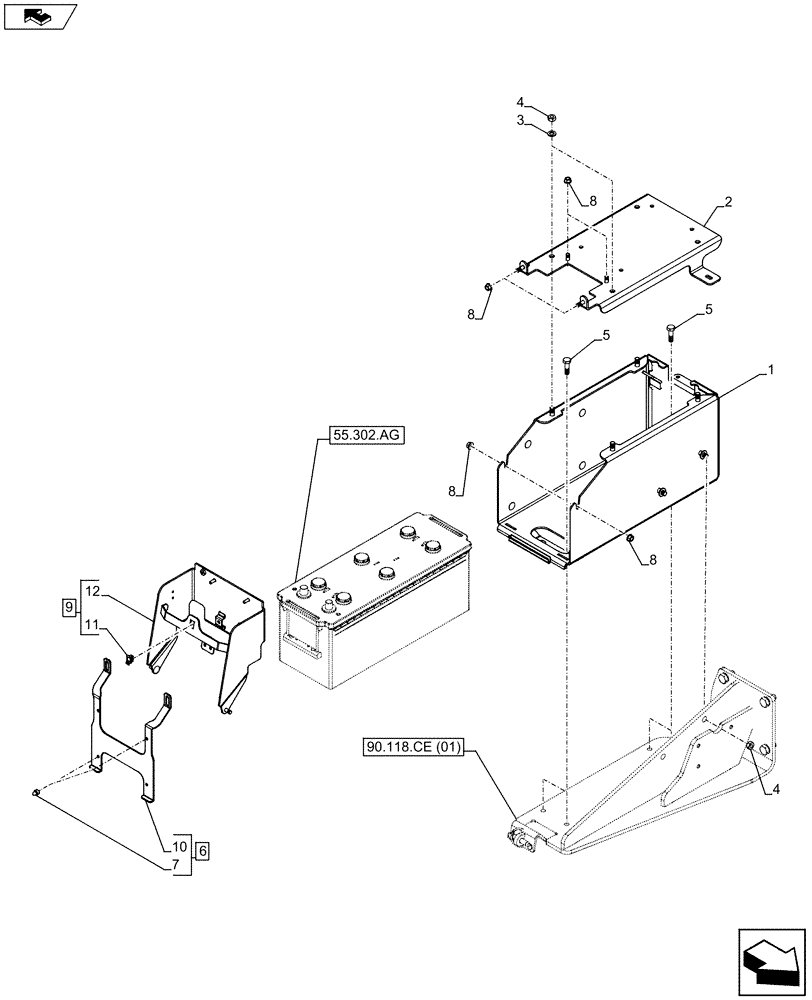 Схема запчастей Case IH FARMALL 105U - (55.302.AK[01]) - VAR - 334127 - BATTERY SUPPORT (55) - ELECTRICAL SYSTEMS