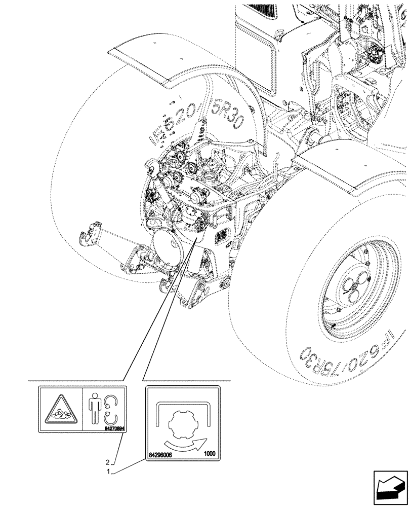 Схема запчастей Case IH OPTUM 270 CVT - (90.108.180) - VAR - 758772, 758773 - FRONT, REAR PTO, DECAL (90) - PLATFORM, CAB, BODYWORK AND DECALS