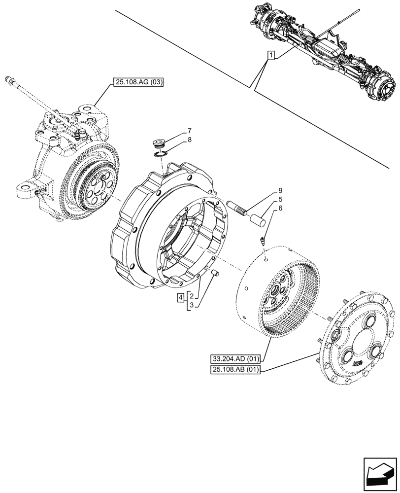 Схема запчастей Case IH MAXXUM 150 - (25.108.AN[03]) - VAR - 758423 - SUSPENDED FRONT AXLE WITH HYDR. DIFF. LOCK, STRG SENSOR & BRAKES, STEERING KNUCKLE (25) - FRONT AXLE SYSTEM