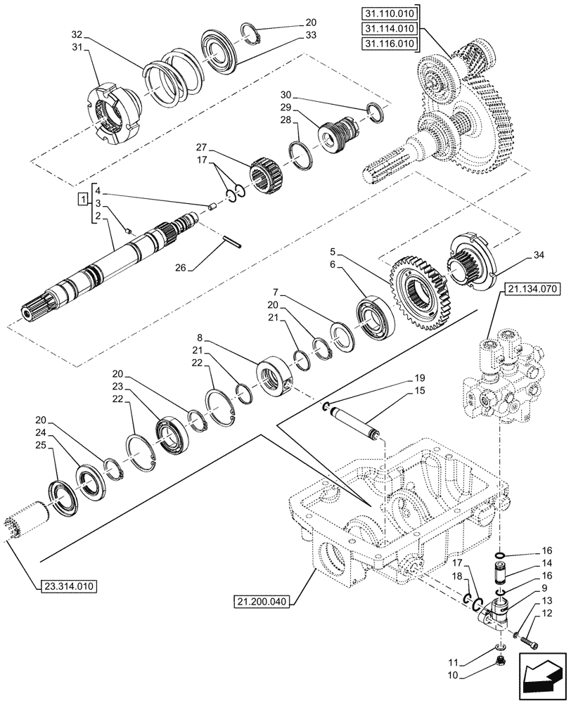 Схема запчастей Case IH FARMALL 110V - (23.202.020) - 4WD, DROP BOX, GEARS & SHAFT, W/ ELECTROHYDRAULIC ENGAGEMENT, HI-LO (23) - FOUR WHEEL DRIVE SYSTEM