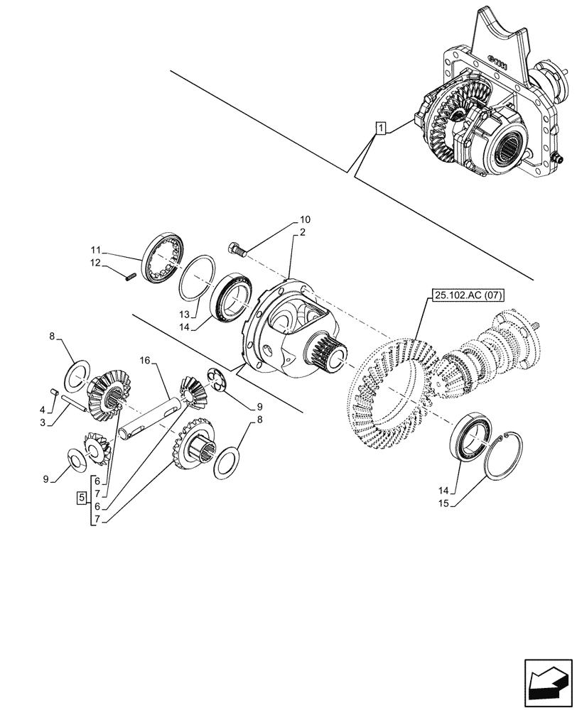 Схема запчастей Case IH MAXXUM 145 - (25.102.AD[02]) - VAR - 758422, 758423 - SUSPENDED FRONT AXLE WITH HYDR. DIFF. LOCK & STRG SENSOR, DIFFERENTIAL GEAR (25) - FRONT AXLE SYSTEM