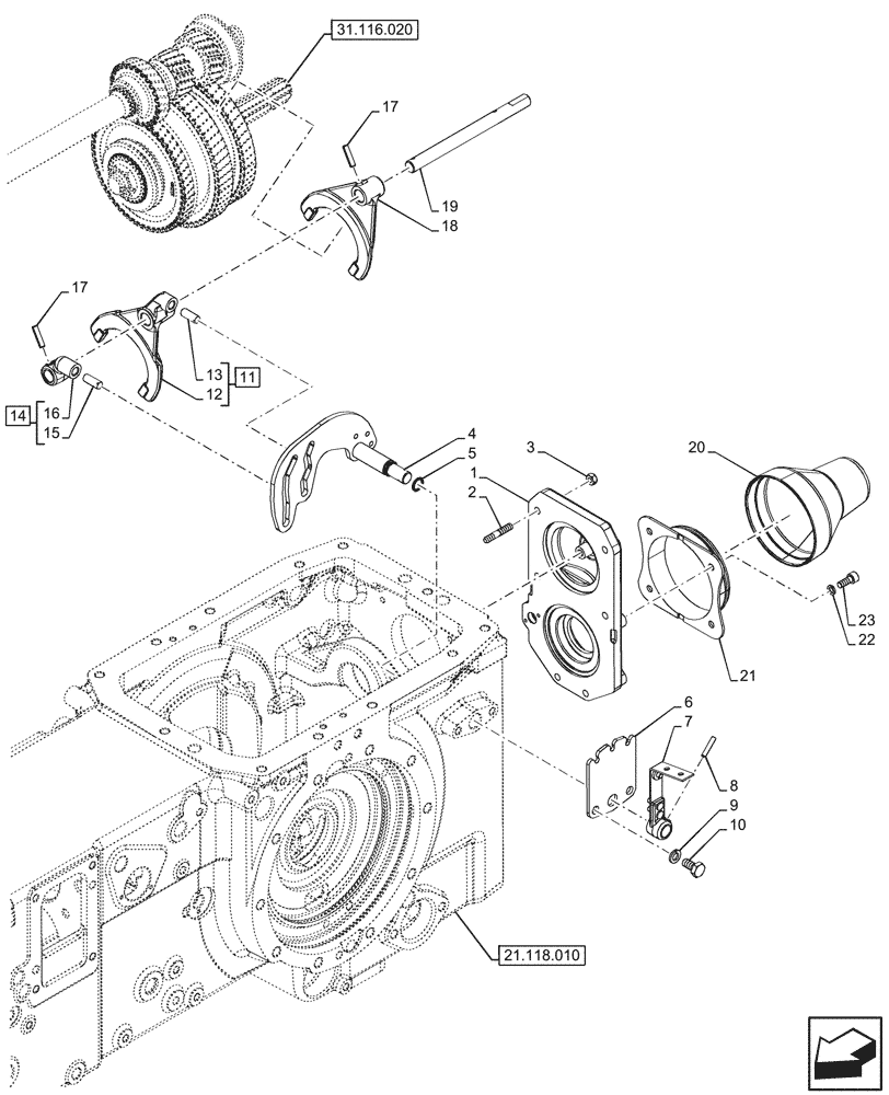 Схема запчастей Case IH FARMALL 90V - (31.116.010) - VAR - 330817 - PTO 540/540E/1000 RPM, FORK, SHAFT, COVER (31) - IMPLEMENT POWER TAKE OFF