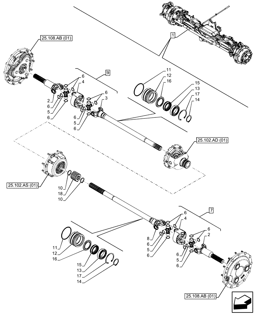 Схема запчастей Case IH MAXXUM 135 - (25.108.AA[03]) - VAR - 758423 - SUSPENDED FRONT AXLE WITH HYDR. DIFF. LOCK, STRG SENSOR & BRAKES, SHAFT (25) - FRONT AXLE SYSTEM