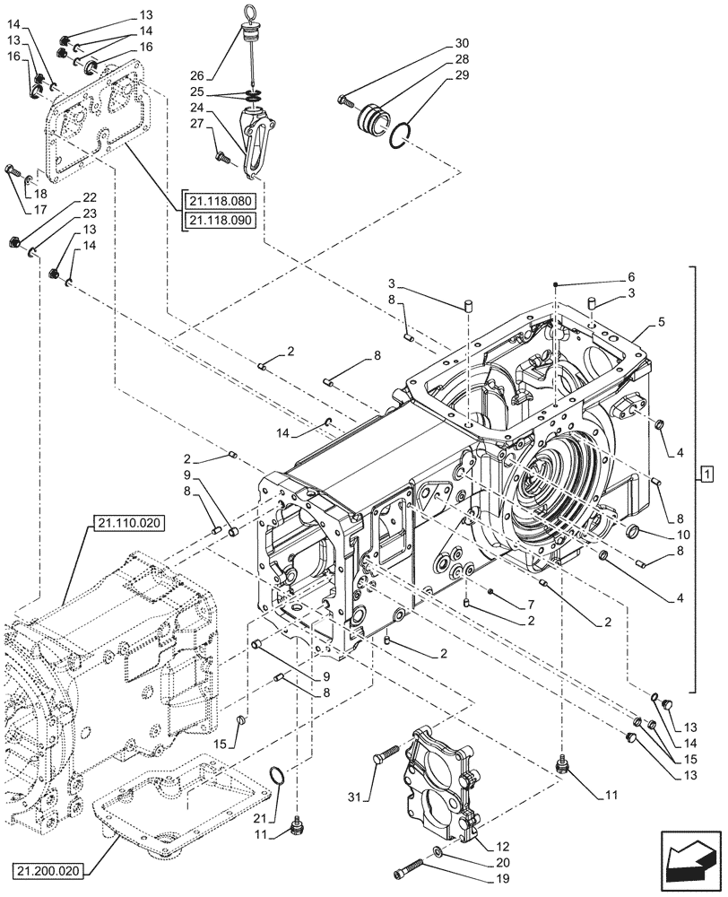 Схема запчастей Case IH FARMALL 90V - (21.118.020) - TRANSMISSION, HOUSING, POWERSHUTTLE, 2WD (21) - TRANSMISSION