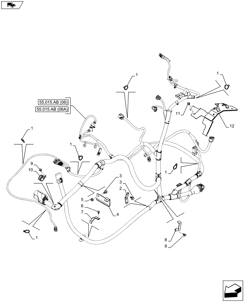 Схема запчастей Case IH FARMALL 105U - (55.015.AB[07]) - VAR - 332229 - ENGINE - ELECTRIC CABLE, CLIP, BRACKET - ISO (55) - ELECTRICAL SYSTEMS