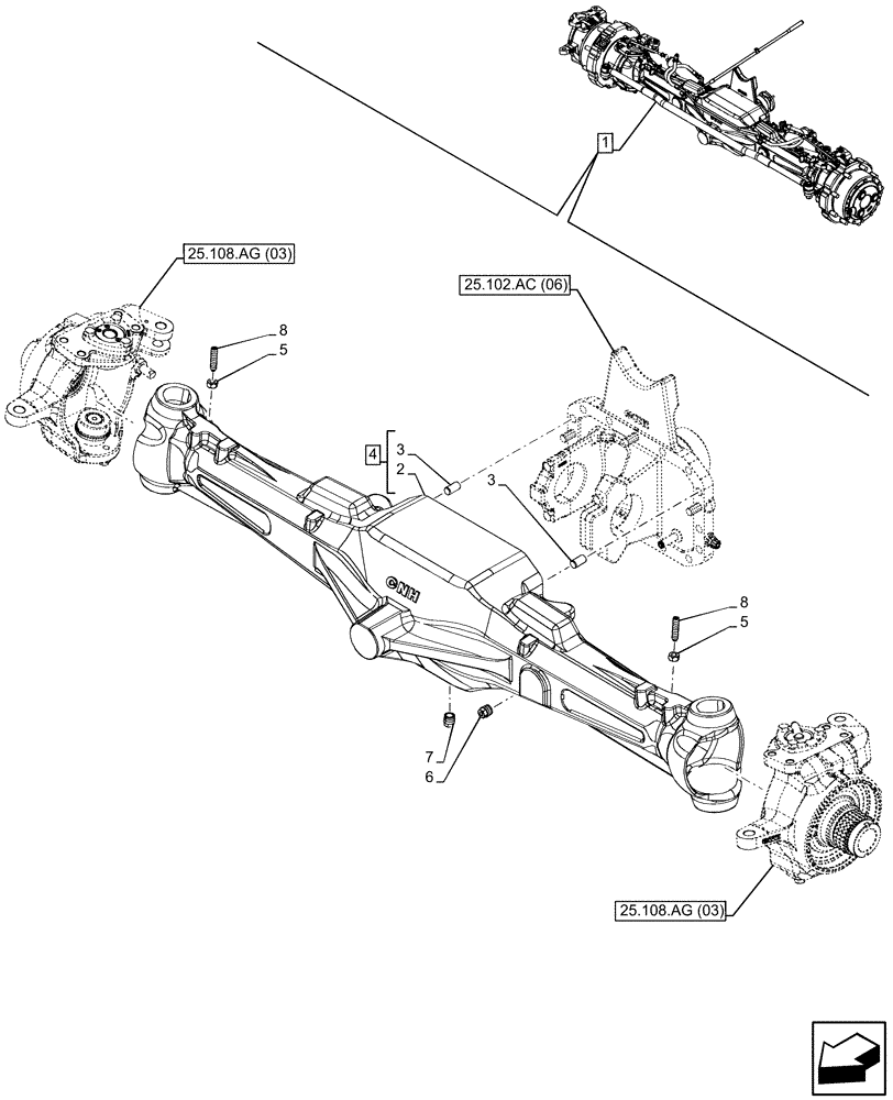 Схема запчастей Case IH MAXXUM 135 - (25.100.AD[03]) - VAR - 758423 - SUSPENDED FRONT AXLE WITH HYDR. DIFF. LOCK, STRG SENSOR & BRAKES, HOUSING (25) - FRONT AXLE SYSTEM