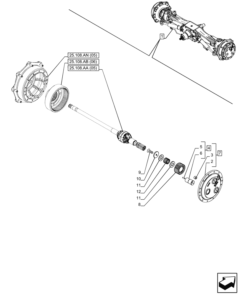 Схема запчастей Case IH MAXXUM 145 - (25.108.AB[05]) - VAR - 758425, 758426 - FRONT AXLE, W/ HYDRAULIC DIFFERENTIAL LOCK, W/ STEERING SENSORS, PLANETARY REDUCER (25) - FRONT AXLE SYSTEM