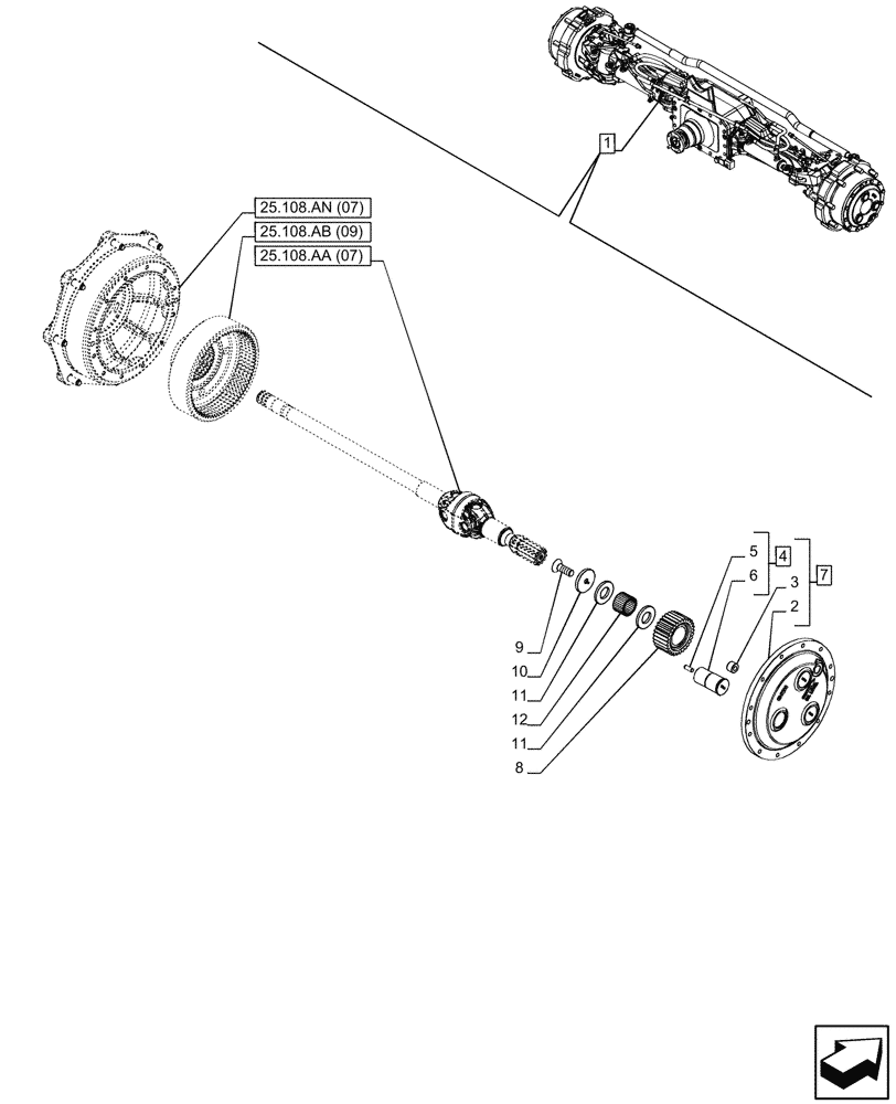 Схема запчастей Case IH MAXXUM 145 - (25.108.AB[09]) - VAR - 758428 - SUSPENDED FRONT AXLE WITH HYDR. DIFF. LOCK, STRG SENSOR & BRAKES, PLANETARY REDUCER (25) - FRONT AXLE SYSTEM